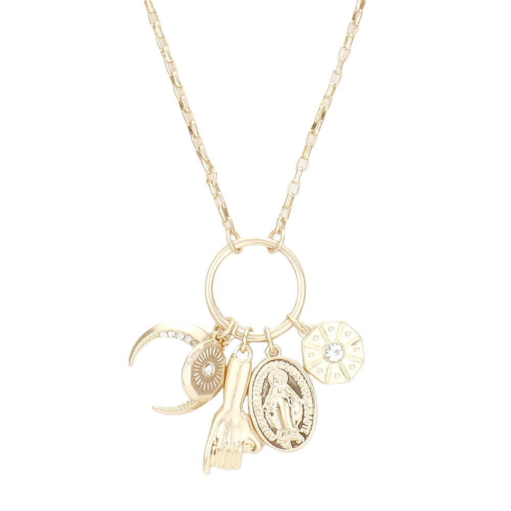 Rhinestone Moon Pinky Promise Virgin Mary Pendant Necklace