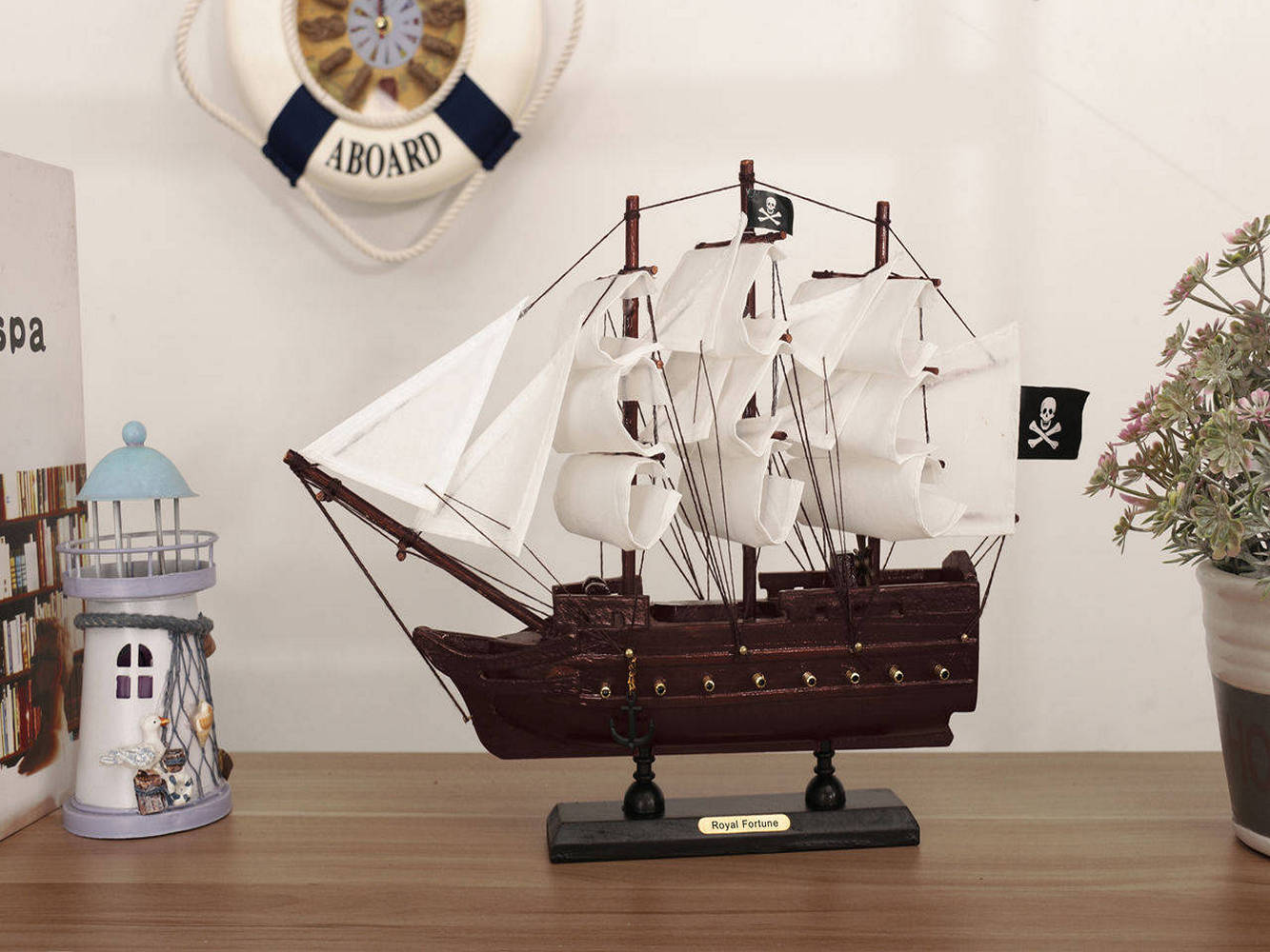 Wooden Black Bart's Royal Fortune White Sails Model Pirate Ship 12""