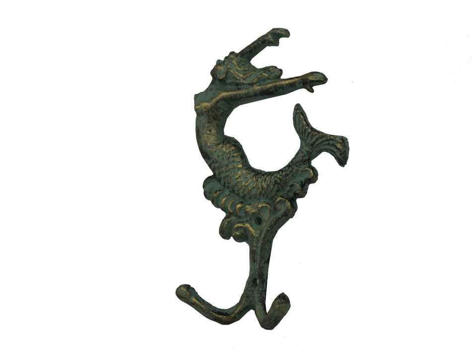 Antique Seaworn Bronze Cast Iron Mermaid Key Hook 6""