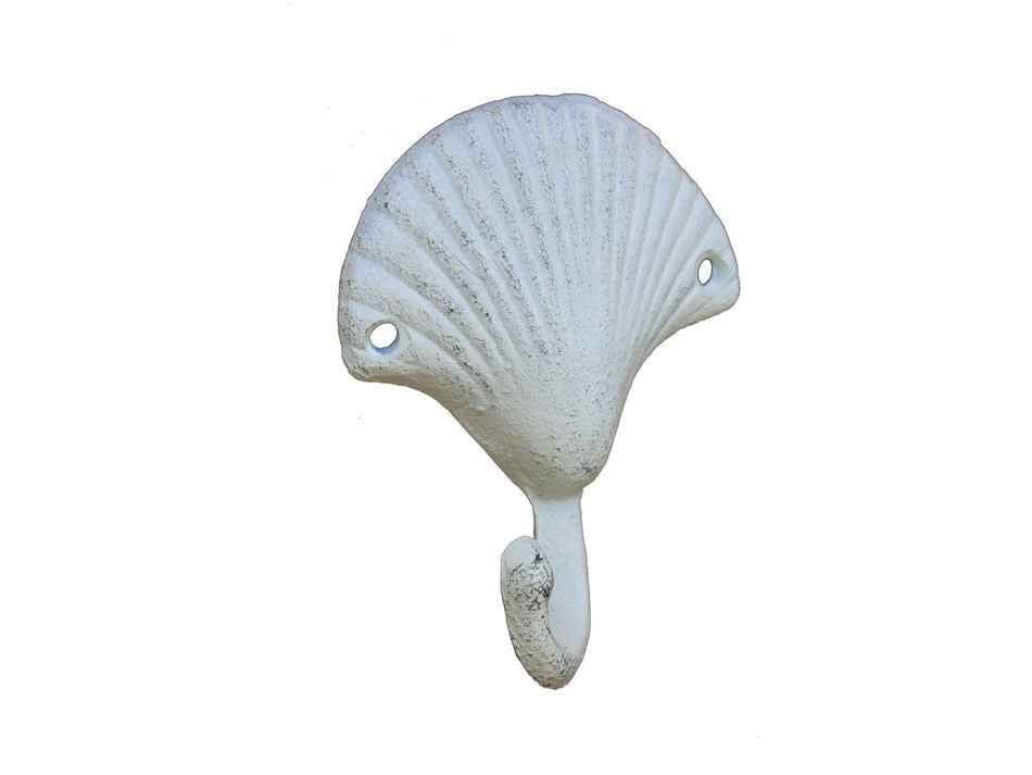 Whitewashed Cast Iron Seashell Hook 4""