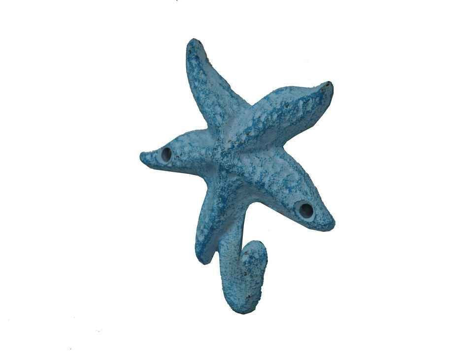 Dark Blue Whitewashed Cast Iron Starfish Hook 4""