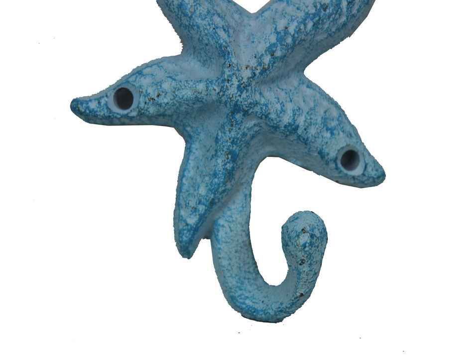 Dark Blue Whitewashed Cast Iron Starfish Hook 4""
