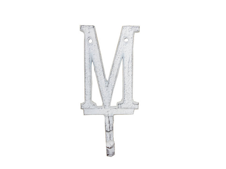 Whitewashed Cast Iron Letter M Alphabet Wall Hook 6""