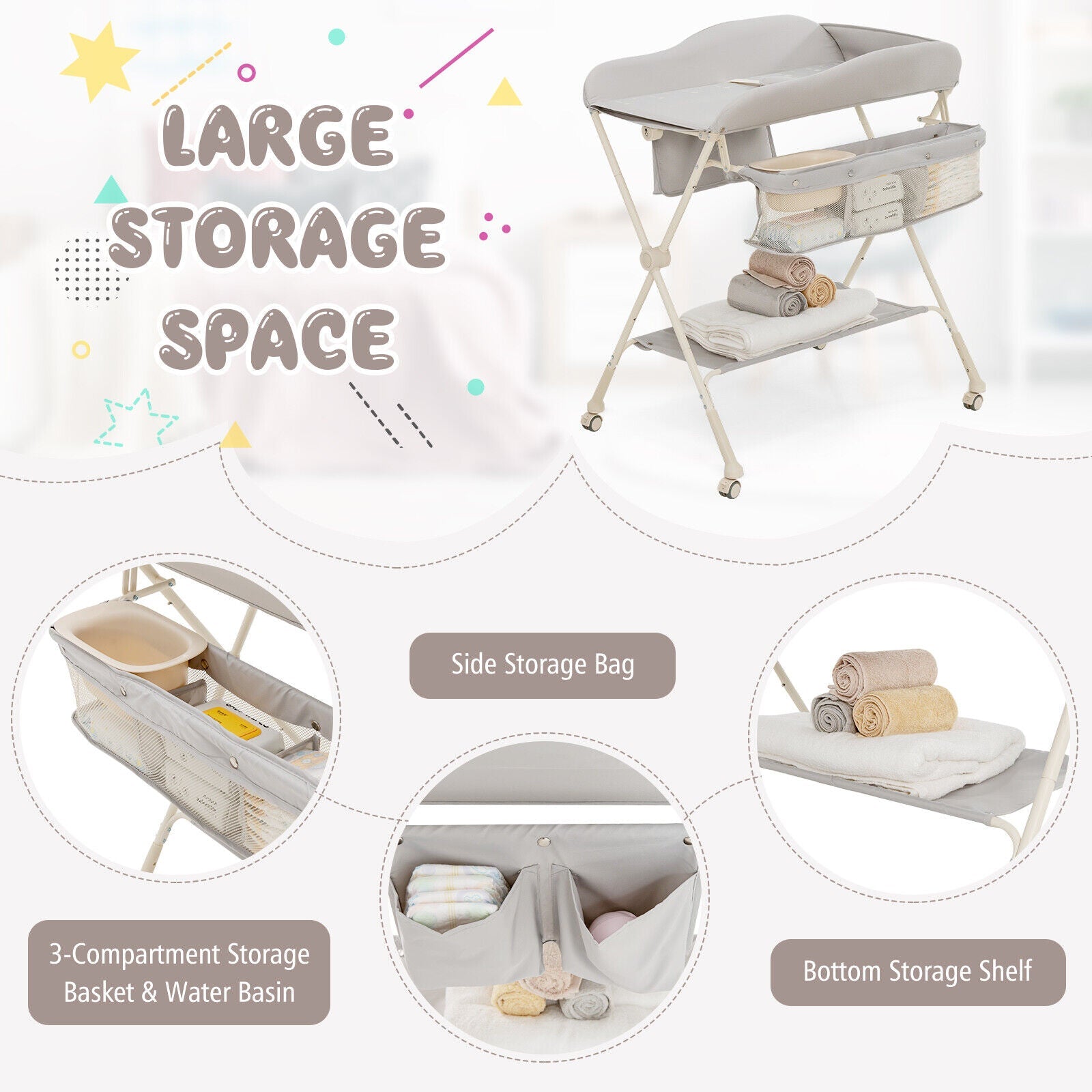 Baby Diaper Changing Table with Water Basin Wheel-Gray