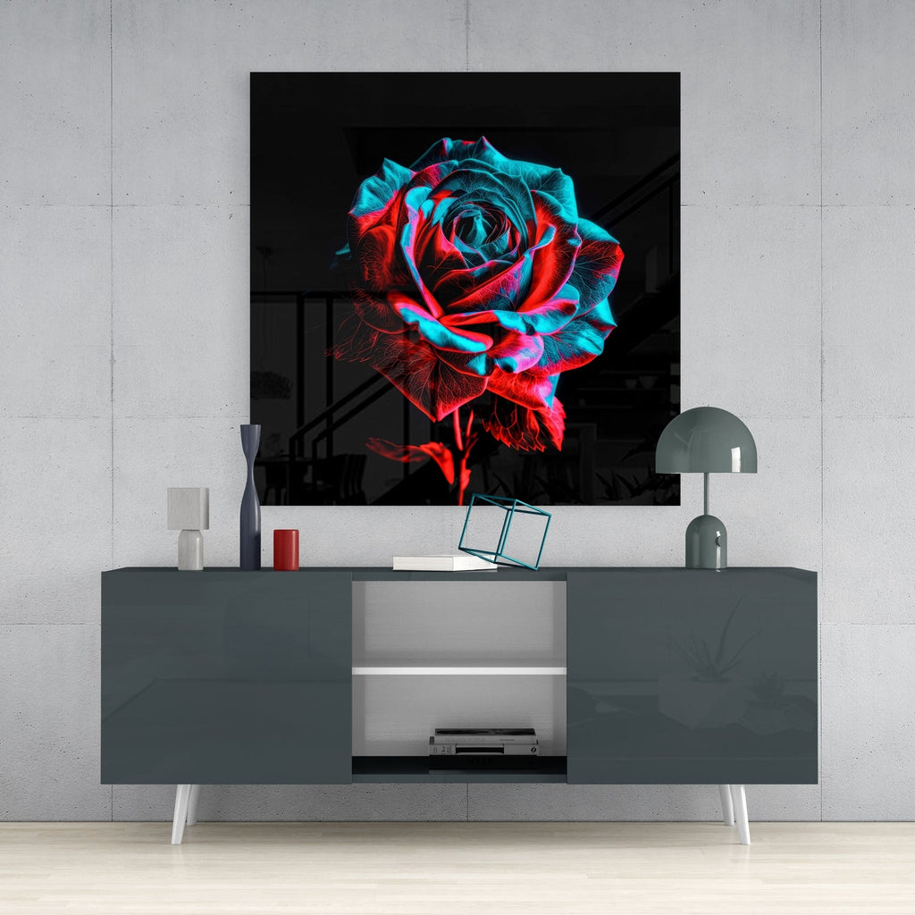 Neon Red Turquoise Rose Glass Wall Art
