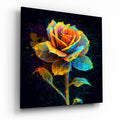 Neon Wireframe Rose Black Glass Wall Art