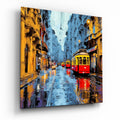 Blue Dusk Tram Street Glass Wall Art