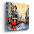 Amber Sky Red Tram Glass Wall Art
