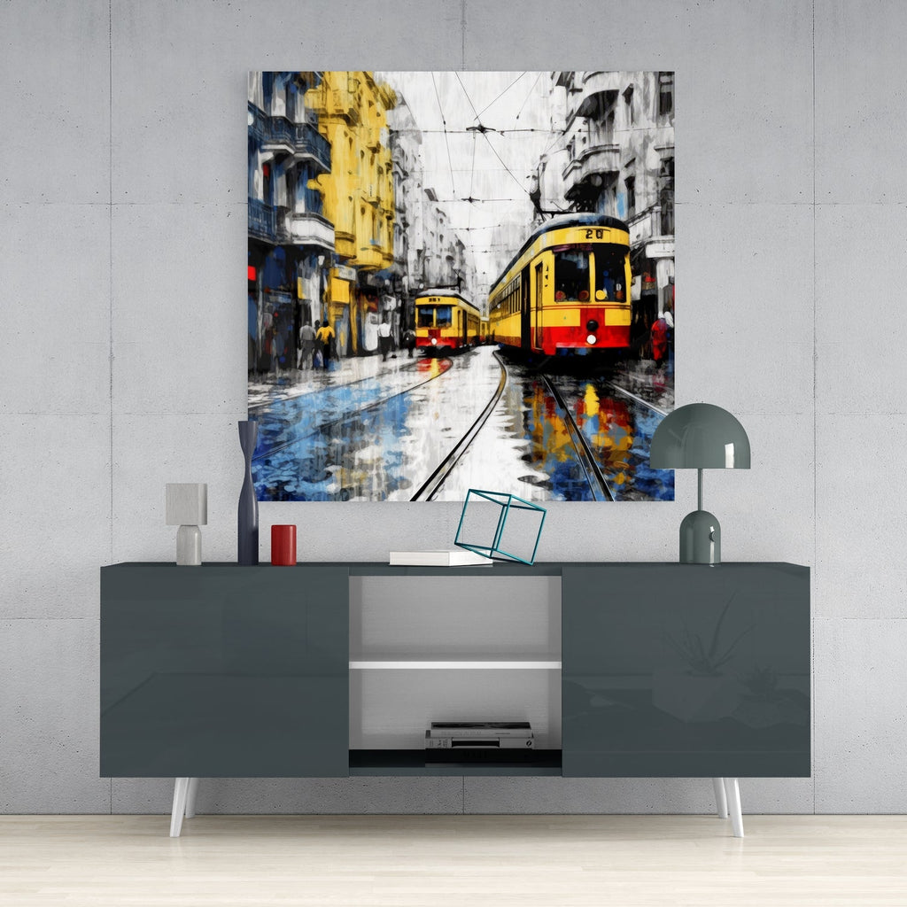 Two Trams Wet Tracks Glass Wall Art