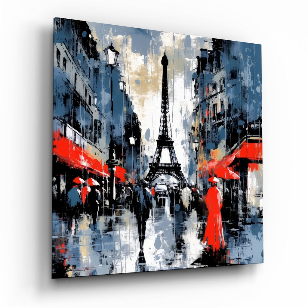 Red Coated Figure on Blue Street Glass Wall Art