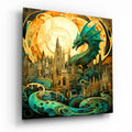 Green Dragon Coiled Over Spired City Glass Wall Art