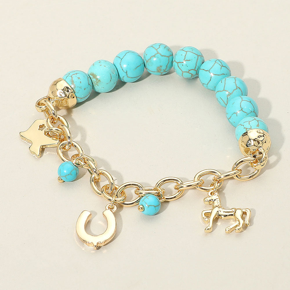 SECRET BOX Western Horse Horseshoe Texas Map Charm Station Turquoise Stone Beaded Stretch Bracelet