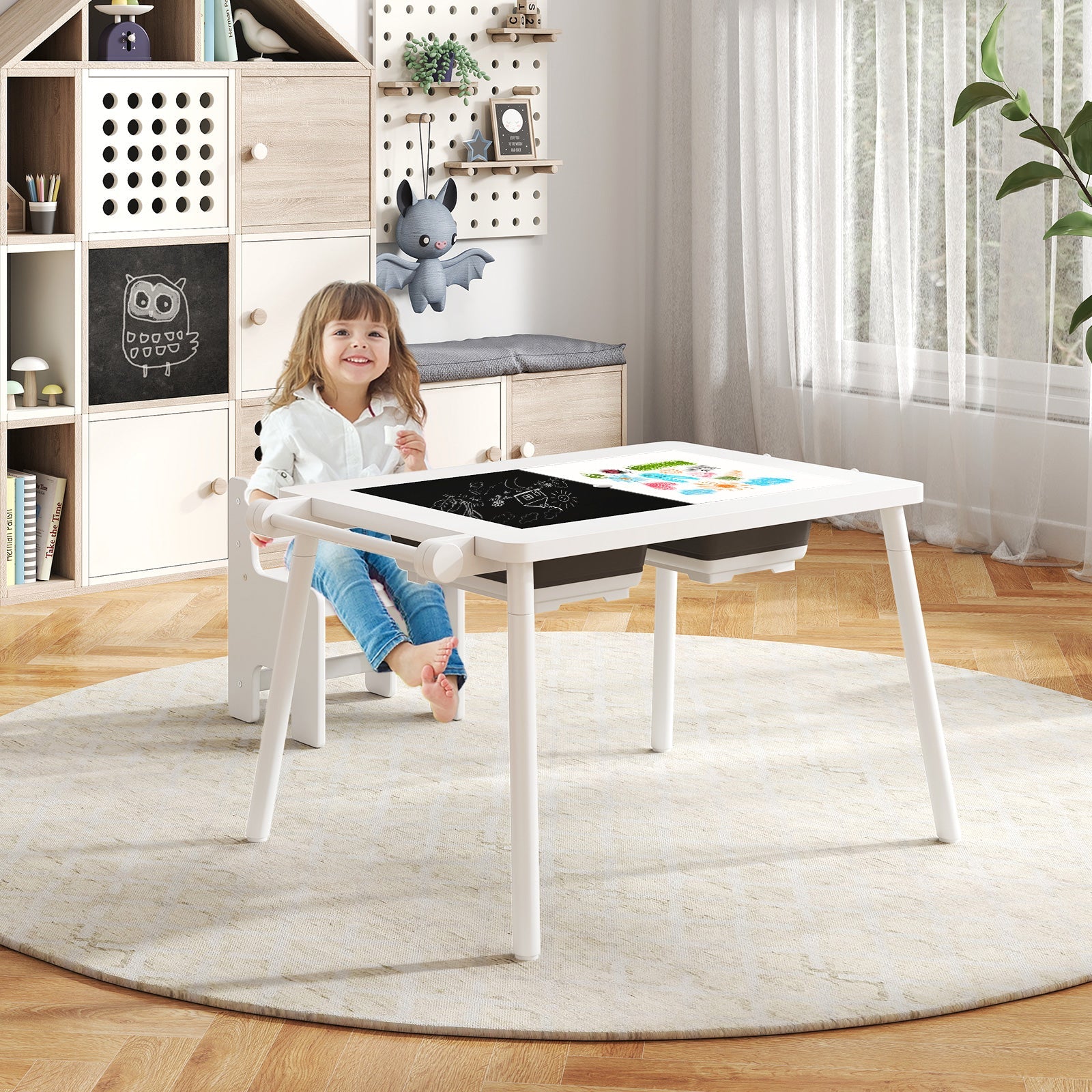 Sensory Table and Chair Set for Kids 2-8 with Foldable Bins-White