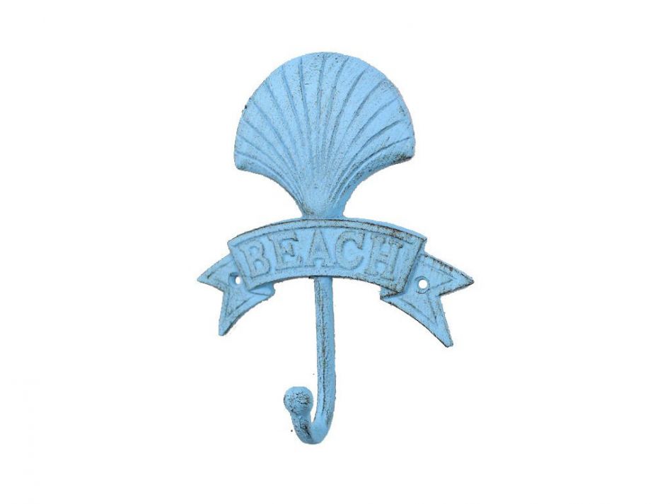 Rustic Light Blue Cast Iron Seashell Beach Hook 8""