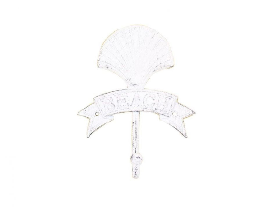 Whitewashed Cast Iron Seashell Beach Hook 8""