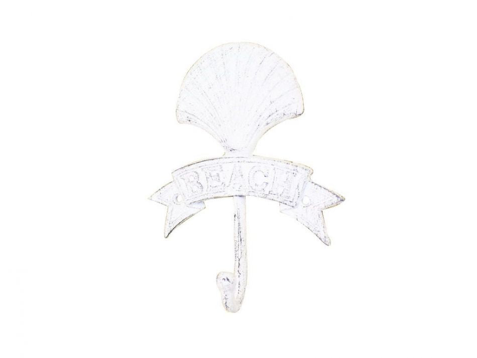 Whitewashed Cast Iron Seashell Beach Hook 8""
