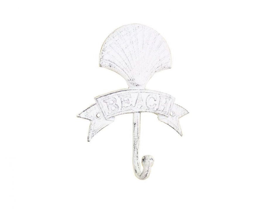 Whitewashed Cast Iron Seashell Beach Hook 8""
