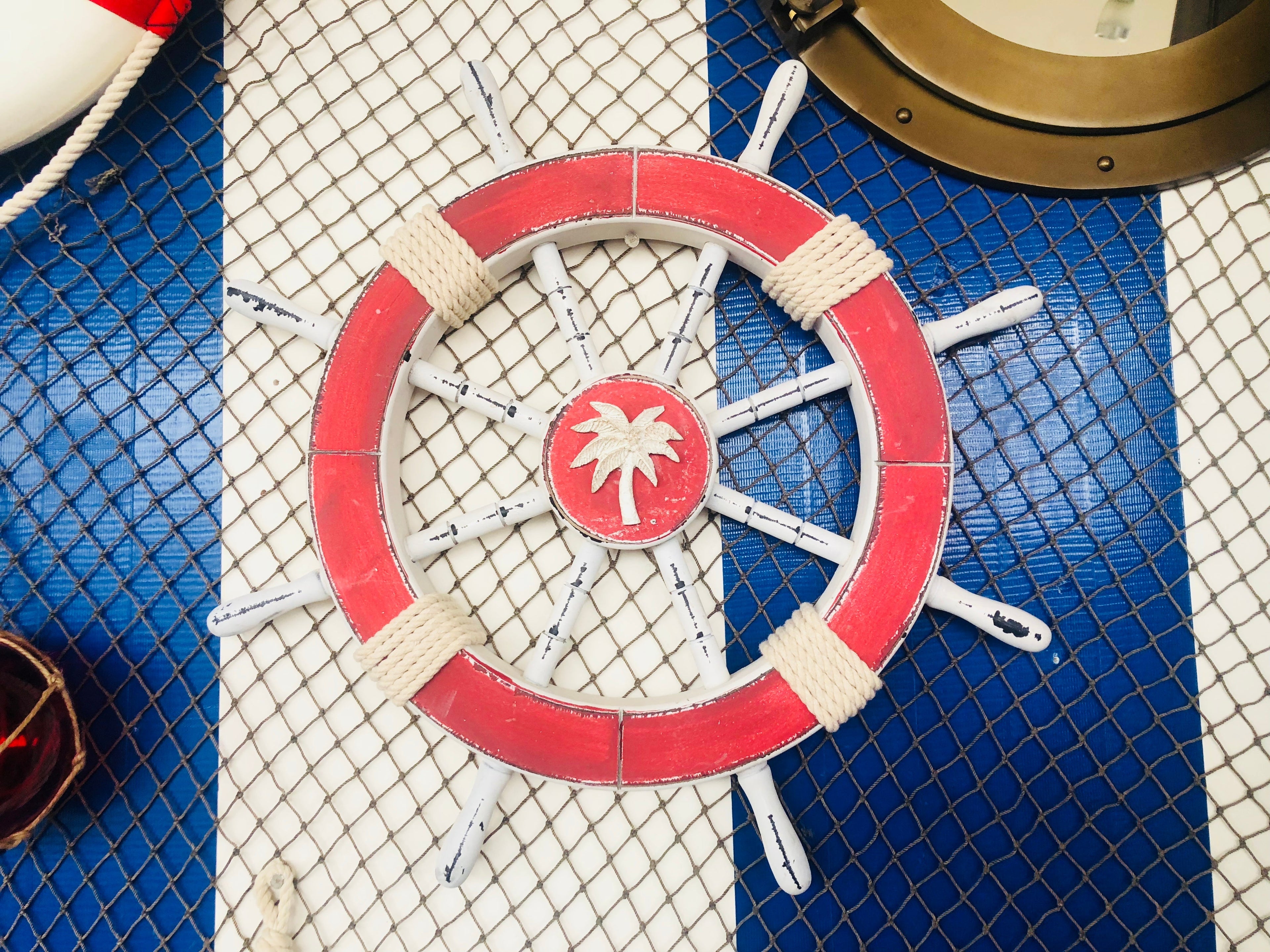 Rustic Red Decorative Ship Wheel with Palm Tree 18""