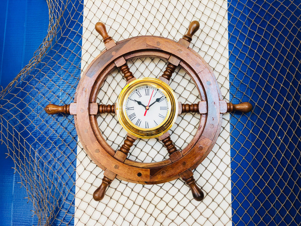 Deluxe Class Wood And Brass Ship Wheel Clock 18""