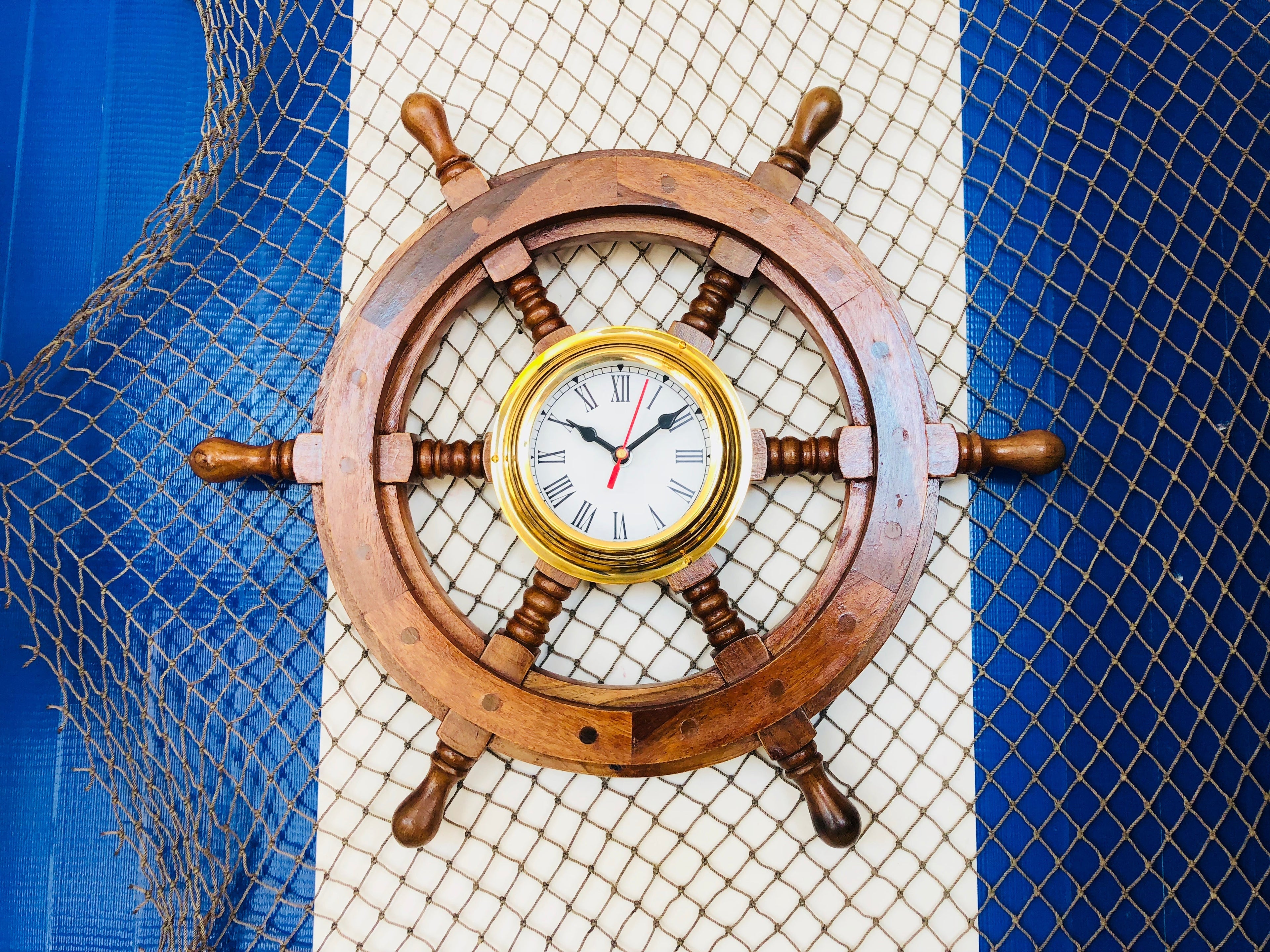 Deluxe Class Wood And Brass Ship Wheel Clock 18""