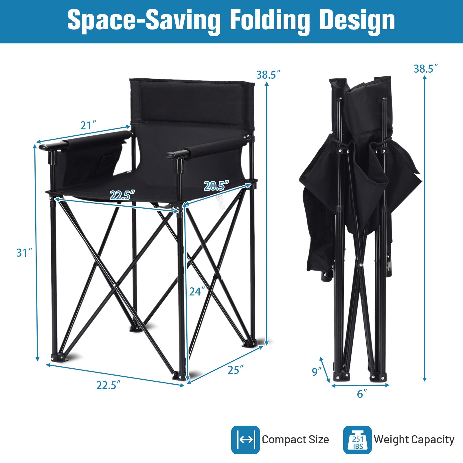 Portable 38 Inch Oversized High Camping Fishing Folding Chair