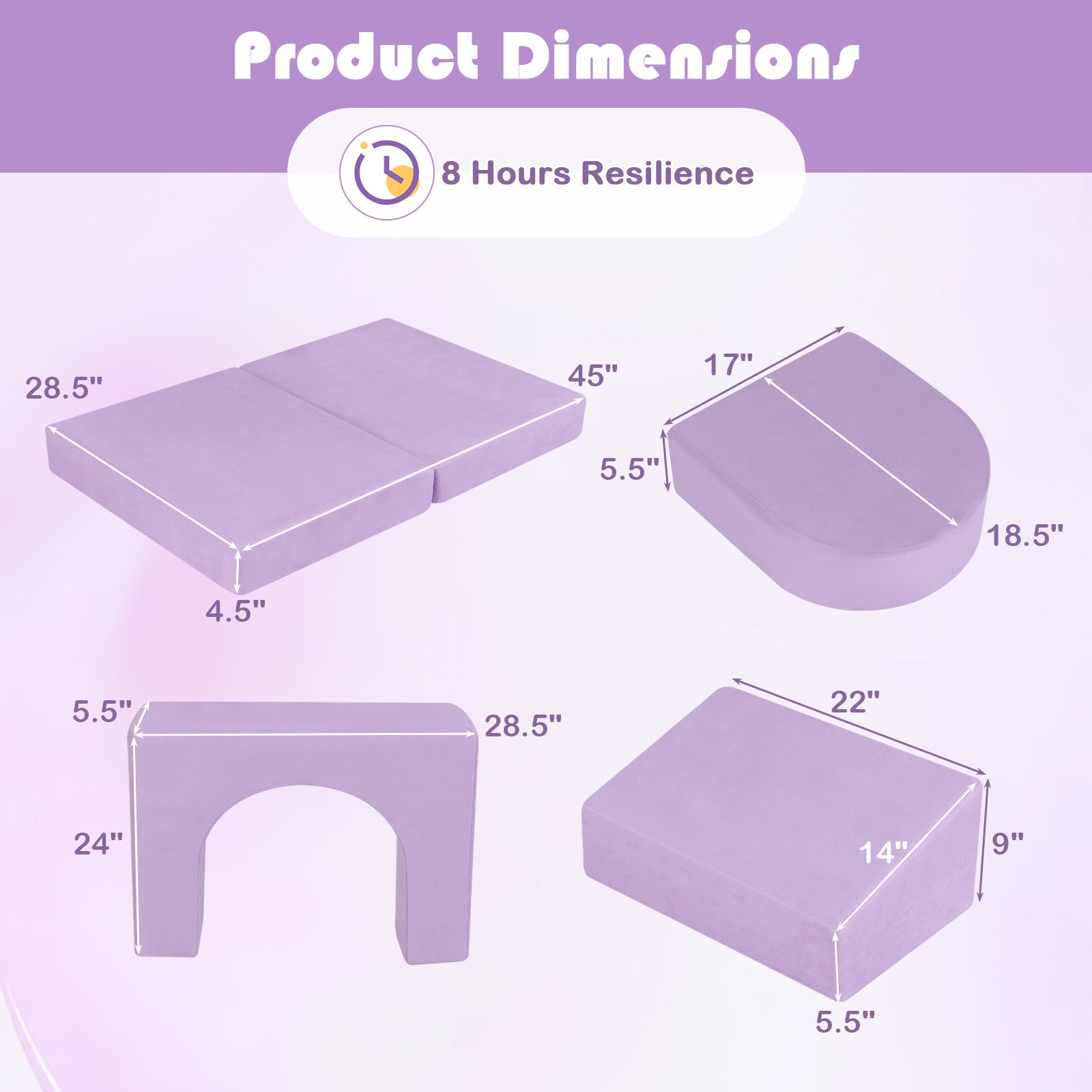 8-Piece Modular Kids Play Couch with Comfy Suede Fabric-Purple