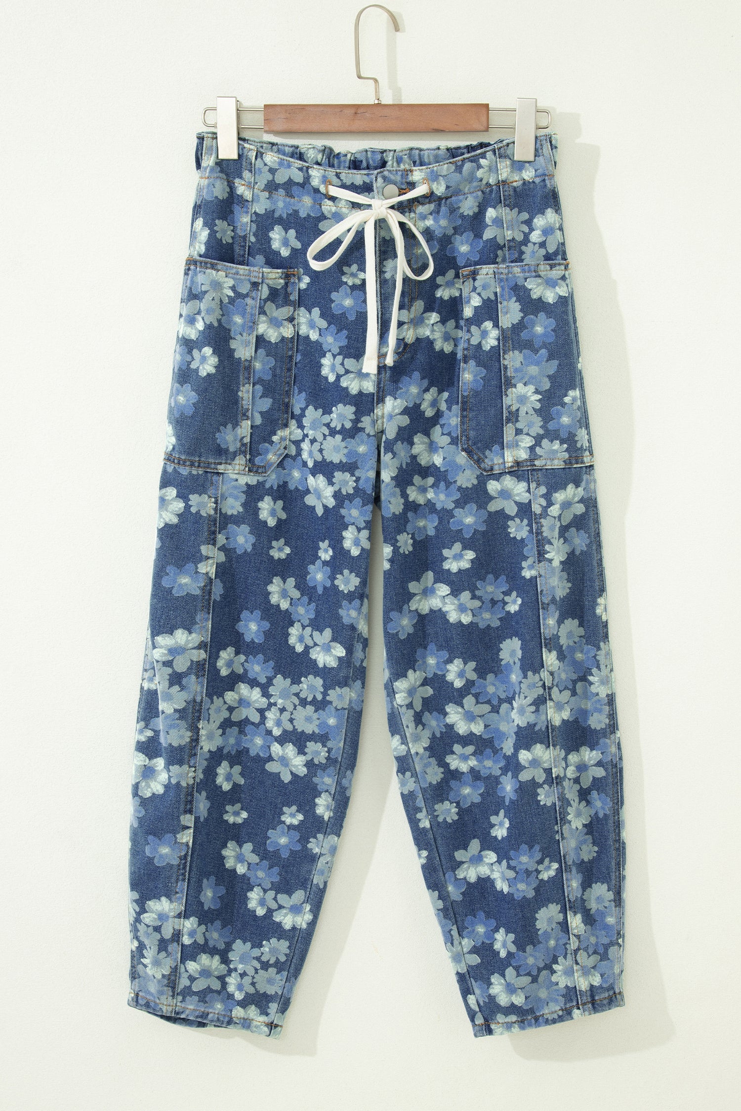 Sky Blue Dainty Floral Printed Drawstring Barrel Jeans - PhishStones Products