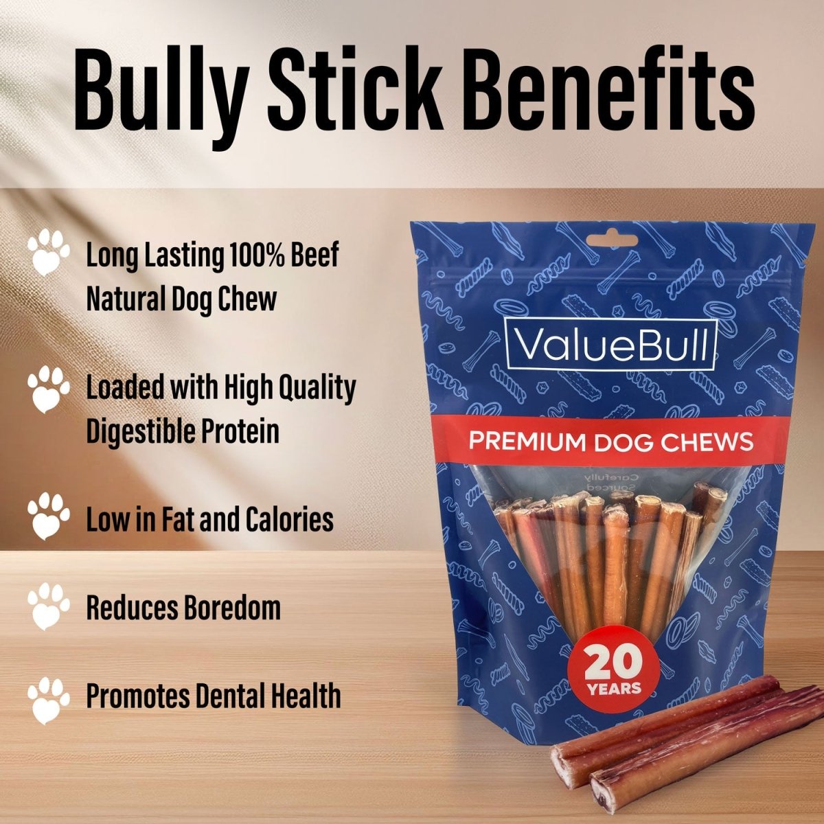 ValueBull Bully Sticks for Large Dogs, Jumbo 6 Inch, 10 Count