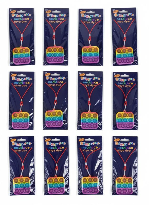 Square Pop Fidget Necklace — 12-Pack (3 each: Yellow, Blue, Pink, Purple) or 12 multicolor