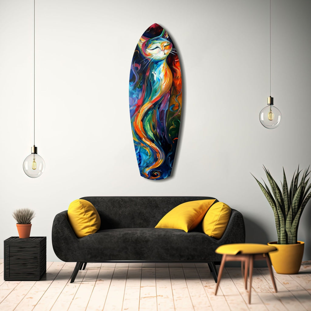 Colorful Swirl Cat Surfboard Glass Wall Art