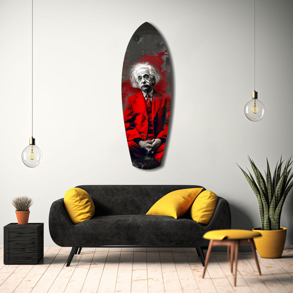 Red Suit Wild Haired Scientist Seated Glass Wall Art