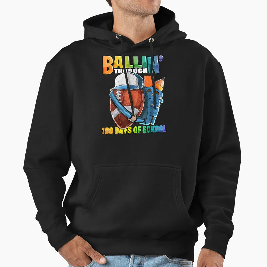 Ballin Through 100 Days School Football Hoodie - Unique Graphic Unisex