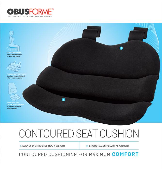 ObusForme Contoured Seat Cushion - Black Ergonomic Comfort for Office, Home & Car
