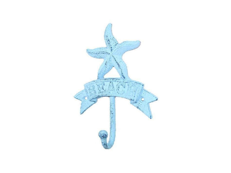 Rustic Dark Blue Whitewashed Cast Iron Starfish Beach Hook 8""