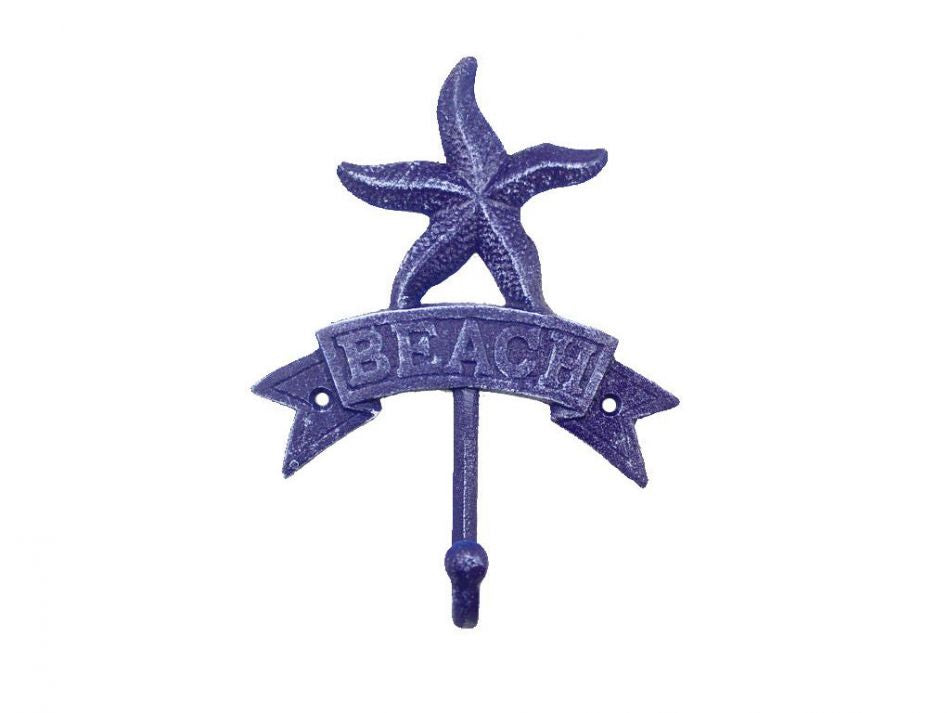 Rustic Dark Blue Cast Iron Starfish Beach Hook 8""