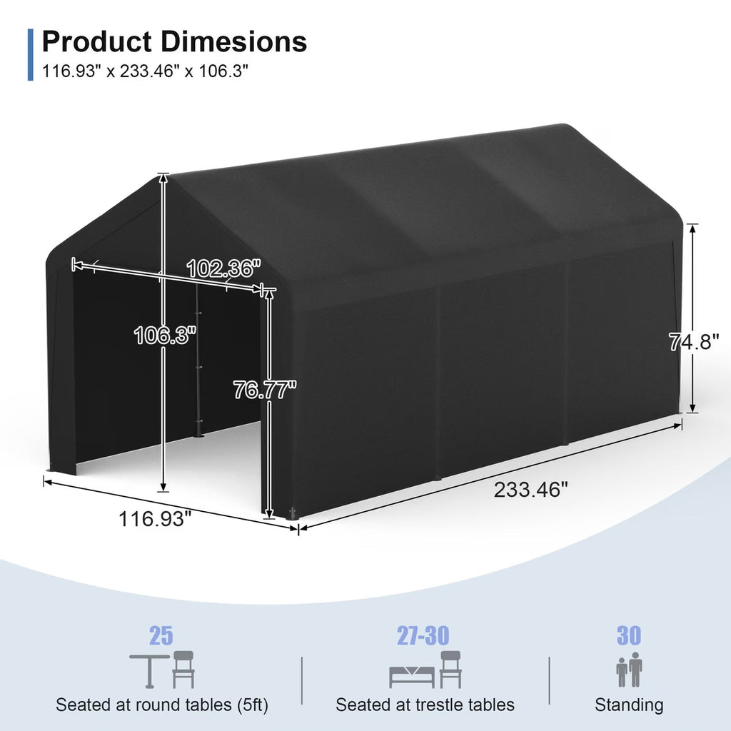10X20 Ft Steel Canopy Carport Storage Shed, Portable Garage Party Tent, Garage with Detachable Sidewalls & Doors, All-Season Tarp for Carports, Events, And Weddings