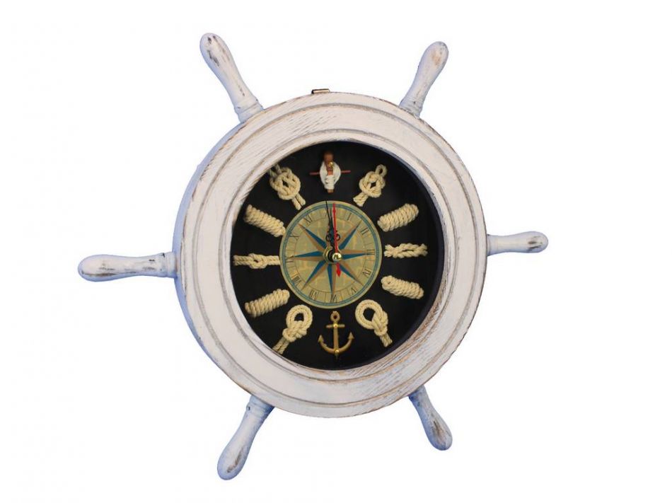 Wooden Whitewashed Ship Wheel with Dark Blue Knot Face Clock 12""