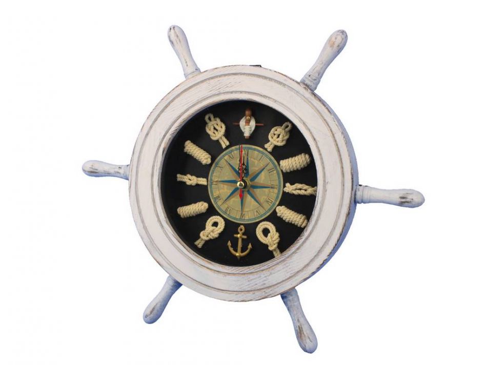 Wooden Whitewashed Ship Wheel with Dark Blue Knot Face Clock 12""