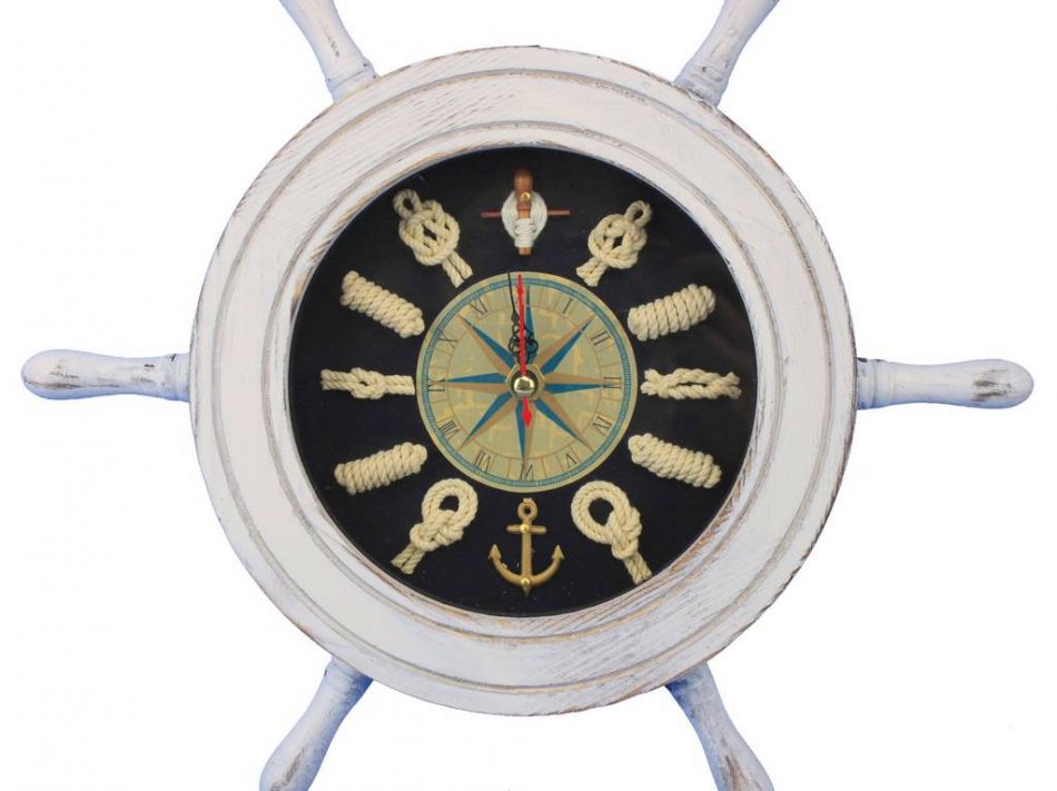 Wooden Whitewashed Ship Wheel with Dark Blue Knot Face Clock 12""