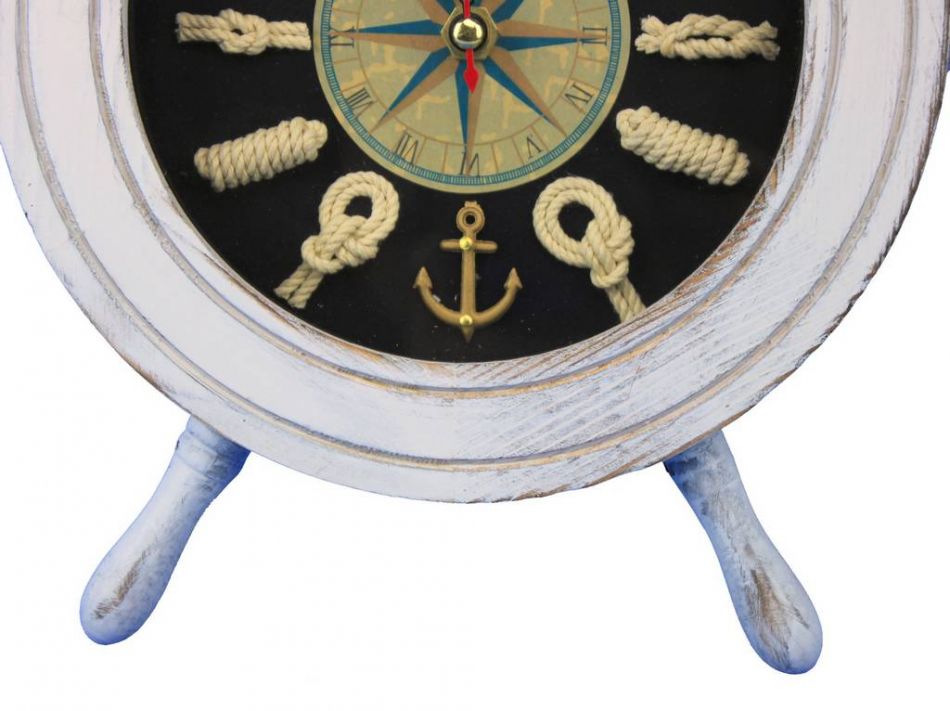 Wooden Whitewashed Ship Wheel with Dark Blue Knot Face Clock 12""