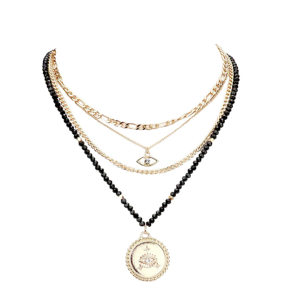 Stone Embellished Evil Eye Pendant Multi Layer Bib Necklace