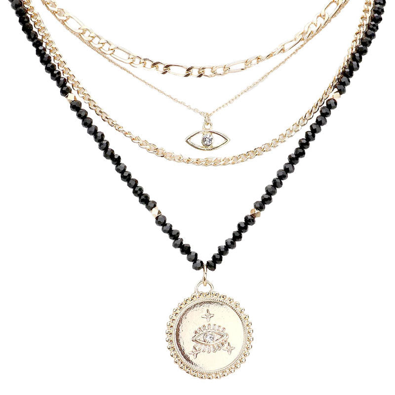 Stone Embellished Evil Eye Pendant Multi Layer Bib Necklace