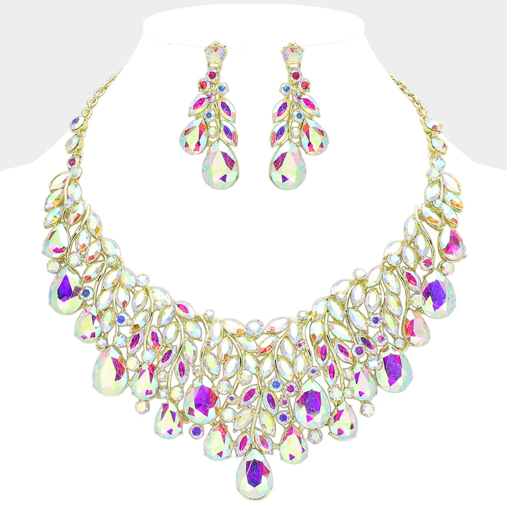 Teardrop Stone Cluster Marquise Vine Embellished Evening Necklace
