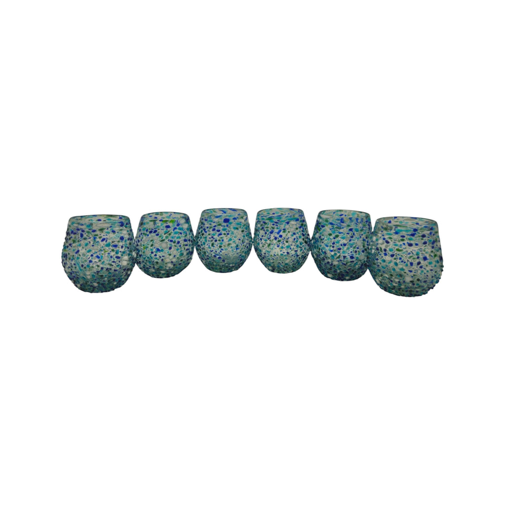 Hand-Blown Stemless Wine Glass | Blue Green Confetti Design