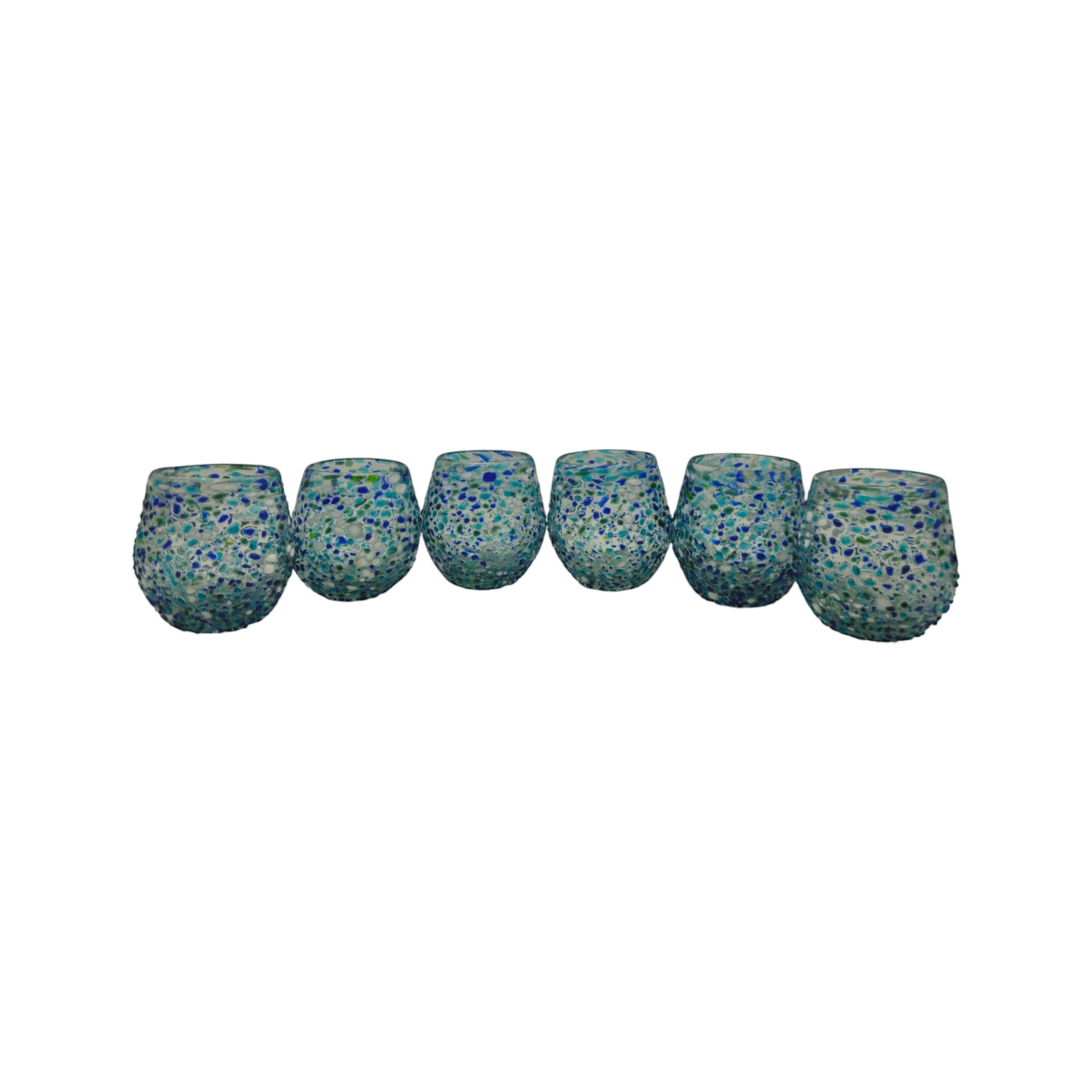 Hand-Blown Stemless Wine Glass | Blue Green Confetti Design