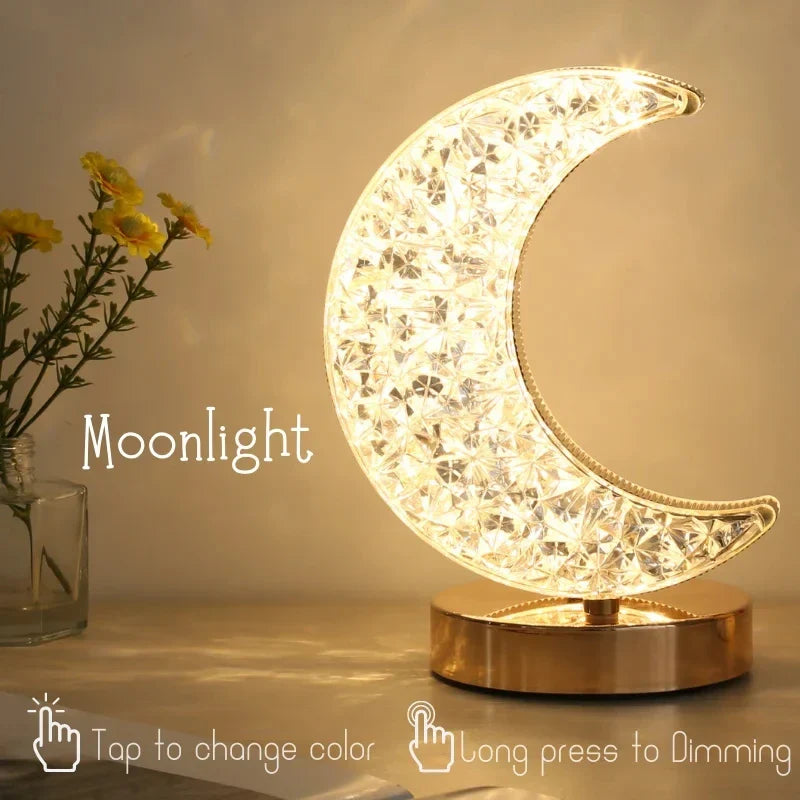 Touch Dimmable LED Moon & Star Night Light – Rechargeable USB Bedside Ambient Lamp, 3 - Color Stepless Dimmer - PhishStones Products
