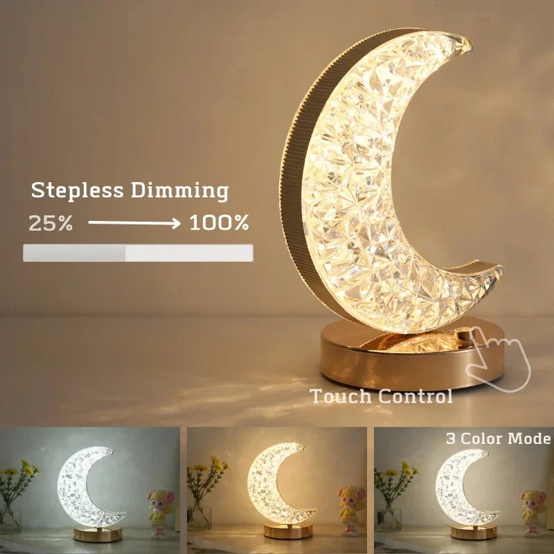 Touch Dimmable LED Moon & Star Night Light – Rechargeable USB Bedside Ambient Lamp, 3 - Color Stepless Dimmer - PhishStones Products