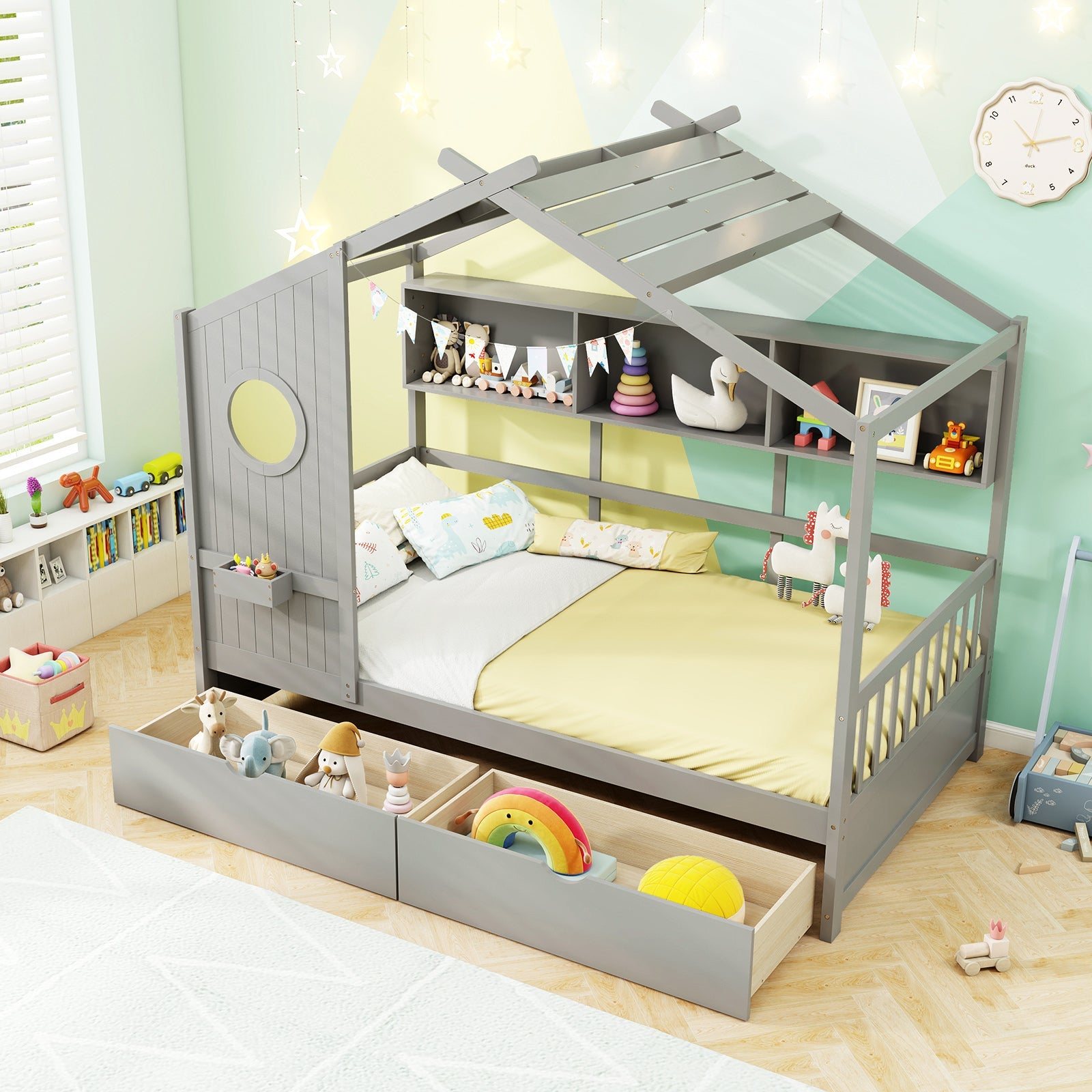 Twin Size House Bed with 2 Storage Drawers and Fence Guardrails