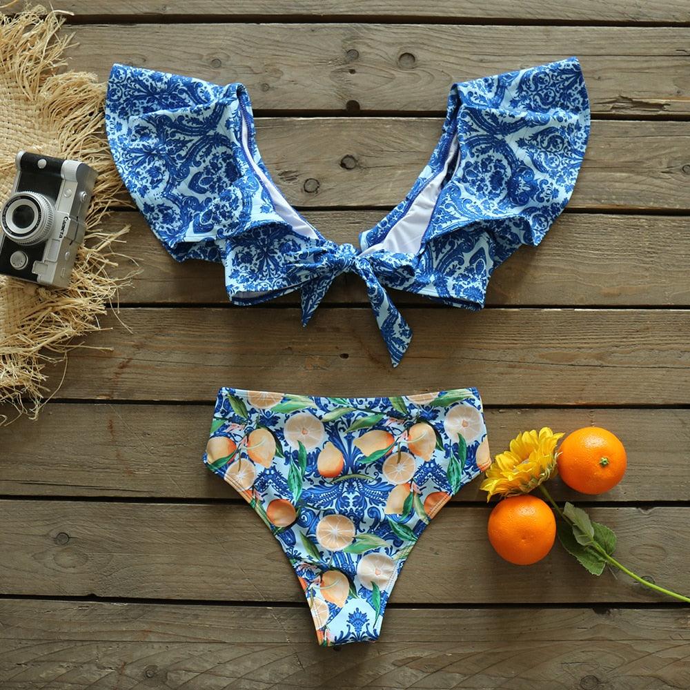 Two-Pieces Women Push-Up Padded Bra Ruffles Bandage Bikini Set Swimsuit Women's Bathing Suits Ruffles Flounce Bikini Sets Low Rise Two Piece Swimsuit Swimwear Bathing Suit Beachwear