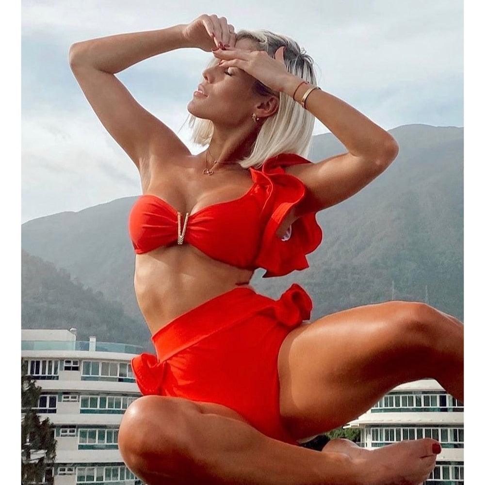 Two-Pieces Women Push-Up Padded Bra Ruffles Bandage Bikini Set Swimsuit Women's Bathing Suits Ruffles Flounce Bikini Sets Low Rise Two Piece Swimsuit Swimwear Bathing Suit Beachwear